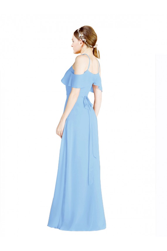 Pervinca Chiffon Linha A Lombar Cabeçada Longo Vestidos de Madrinha Acessíveis