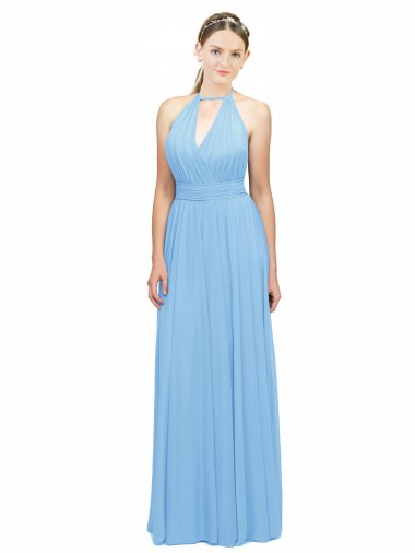 Pervinca Chiffon Linha A Sem Mangas Cabeçada Longo Vestidos de Madrinha