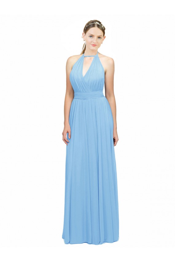 Pervinca Chiffon Linha A Sem Mangas Cabeçada Longo Vestidos de Madrinha Acessíveis