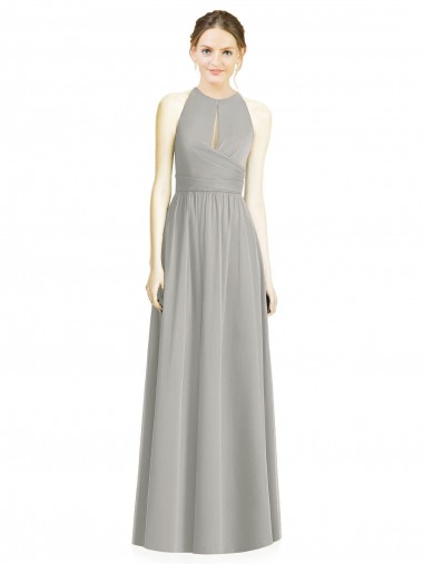 Prata Chiffon Linha A Cabeçada Longo Vestidos de Madrinha