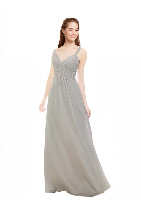 Prata Chiffon Linha A Criss Cruz Decote V Longo Vestidos de Madrinha Acessíveis