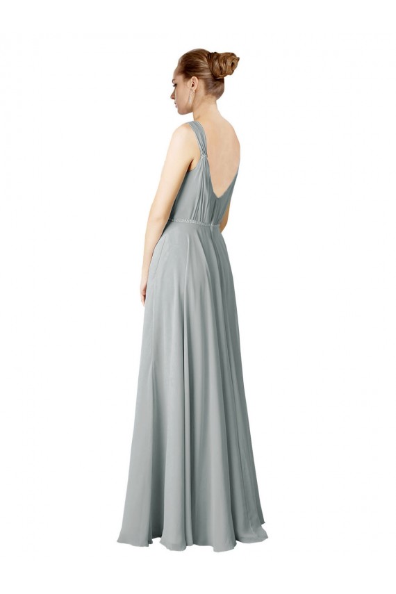 Prata Chiffon Linha A Decote V Longo Vestidos de Madrinha Acessíveis