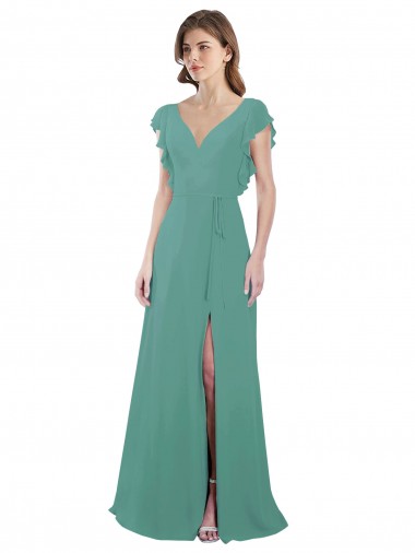 Prata Islandesa Chiffon Linha A Costas em V Decote V Longo Vestidos de Madrinha