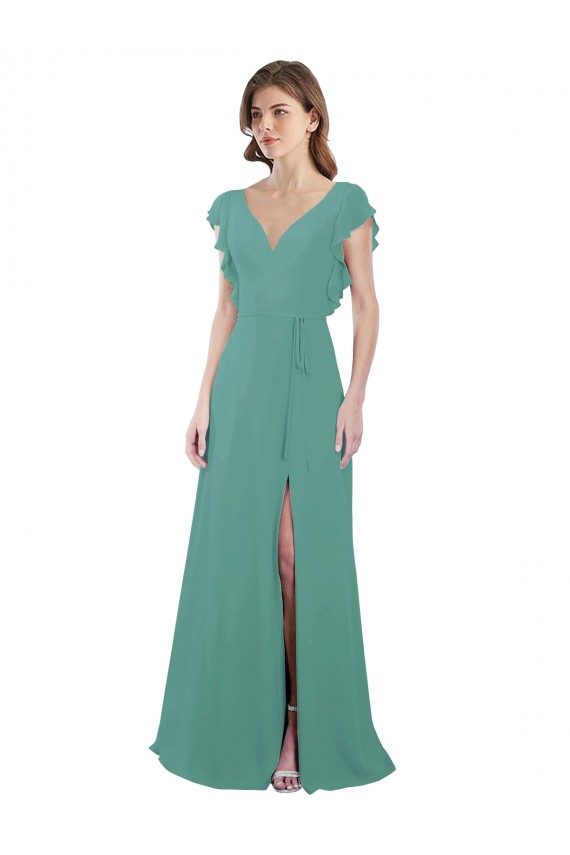 Prata Islandesa Chiffon Linha A Costas em V Decote V Longo Vestidos de Madrinha Acessíveis