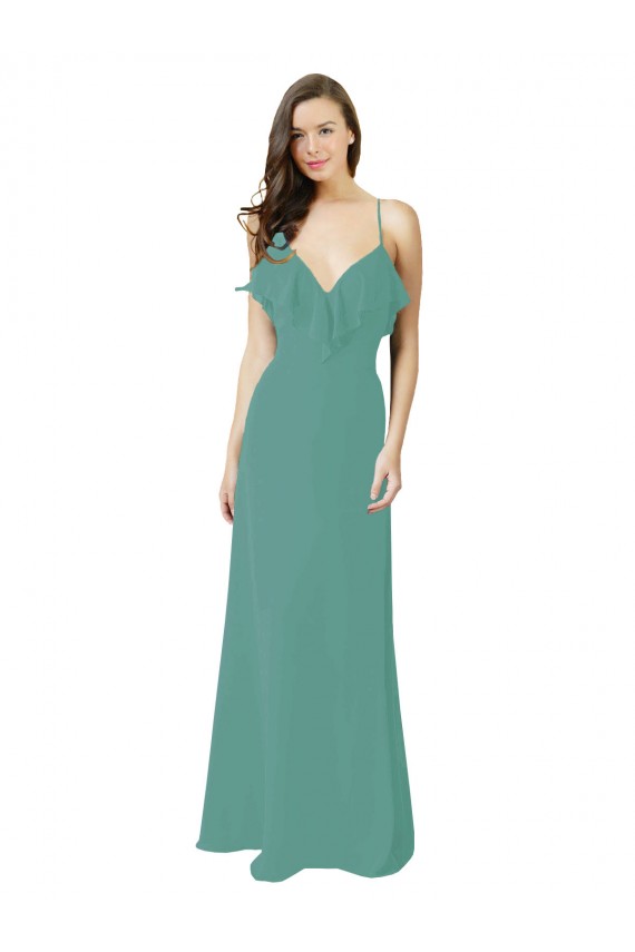 Prata Islandesa Chiffon Linha A Sem Mangas Decote V Longo Vestidos de Madrinha Acessíveis