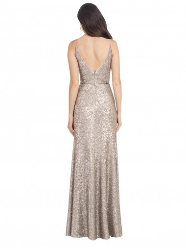Prata Lantejoulas & Lantejoulas Espumantes Bainha Costas em V Decote Alto Longo Formais Vestidos de Madrinha / Vestidos de Noite / Vestidos de Festa