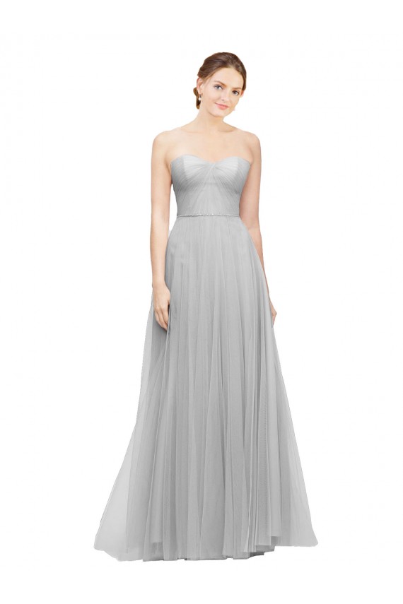 Prata Linha A Amor Tule Longo Vestidos de Madrinha Acessíveis