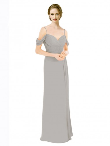 Prata Linha A Fora do Ombro Chiffon & Renda Longo Vestidos de Madrinha