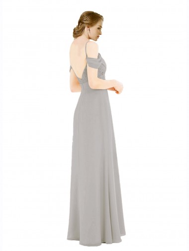 Prata Linha A Fora do Ombro Chiffon & Renda Longo Vestidos de Madrinha