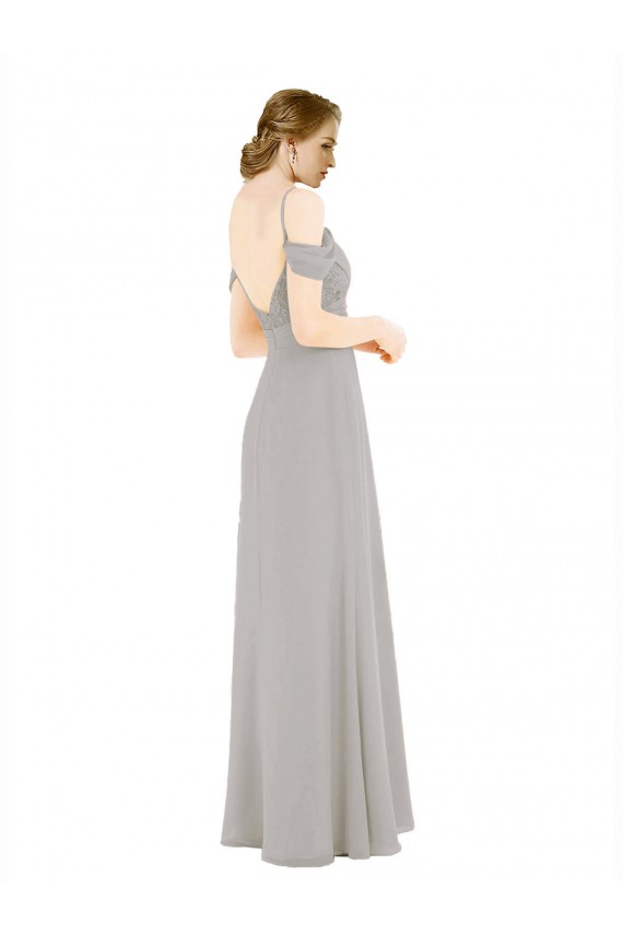 Prata Linha A Fora do Ombro Chiffon & Renda Longo Vestidos de Madrinha Acessíveis