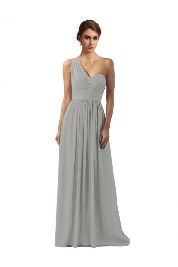 Prata Linha A Um Ombro Chiffon Longo Vestidos de Madrinha Acessíveis