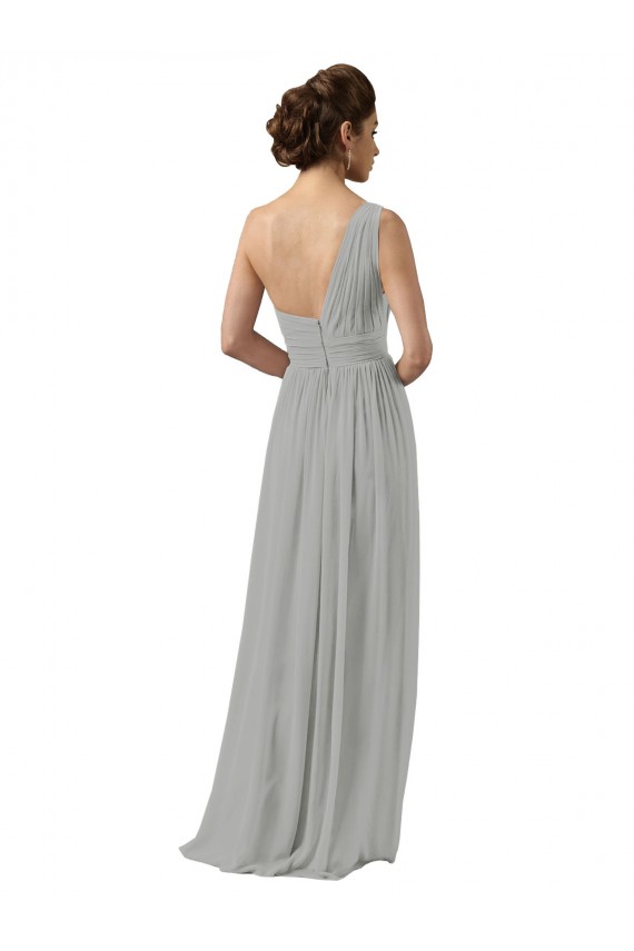 Prata Linha A Um Ombro Chiffon Longo Vestidos de Madrinha Acessíveis