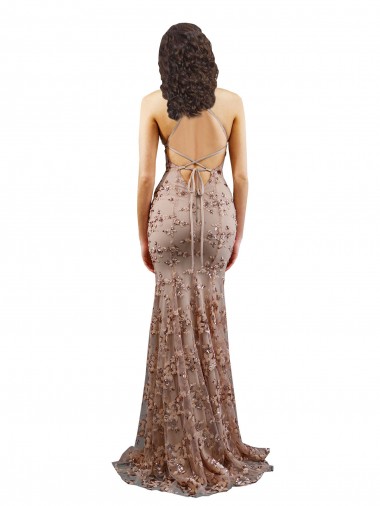 Ouro Rosa Sereia Decote V Crepe Esticado & Lantejoulas Tule Longo Formais Vestidos de Madrinha / Vestidos de Festa