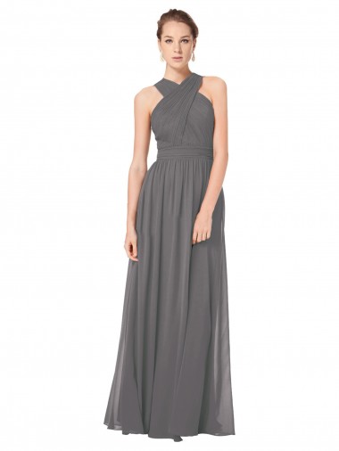 Prata Tempestuosa Linha A Cabeçada Chiffon Longo Vestidos de Madrinha