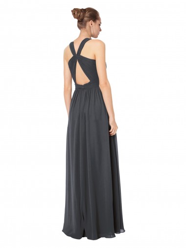 Prata Tempestuosa Linha A Cabeçada Chiffon Longo Vestidos de Madrinha