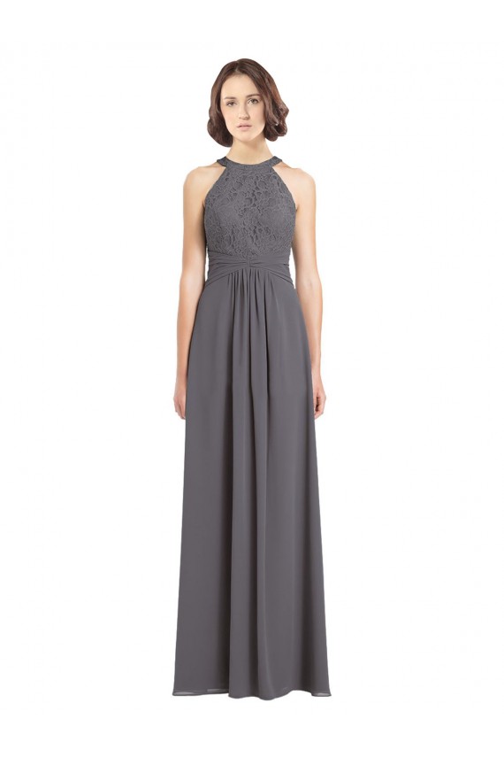 Prata Tempestuosa Linha A Cabeçada Chiffon & Renda Longo Vestidos de Madrinha Acessíveis