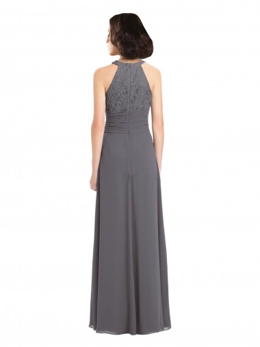 Prata Tempestuosa Linha A Cabeçada Chiffon & Renda Longo Vestidos de Madrinha