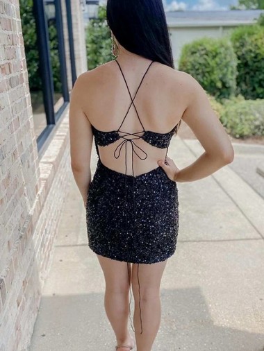 Preto Bainha Cabeçada Curto Lantejoulas Veludo Curto Lantejoulas Veludo Vestidos de Festa