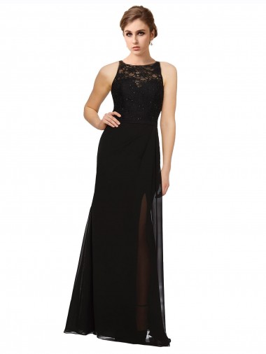 Preto Bainha Decote Alto Chiffon & Renda Longo Vestidos de Madrinha