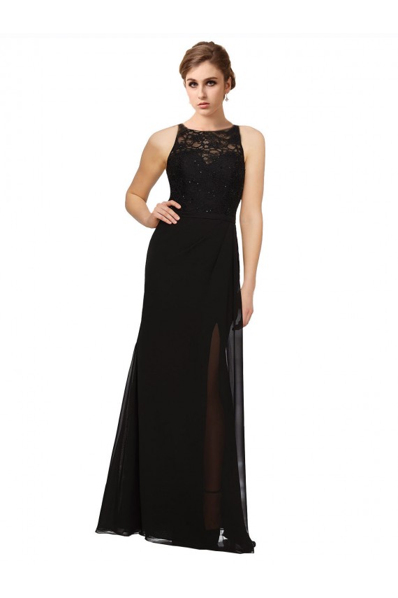 Preto Bainha Decote Alto Chiffon & Renda Longo Vestidos de Madrinha Acessíveis