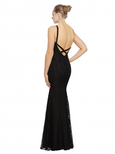 Preto Bainha Decote Joia Renda Longo Vestidos de Madrinha