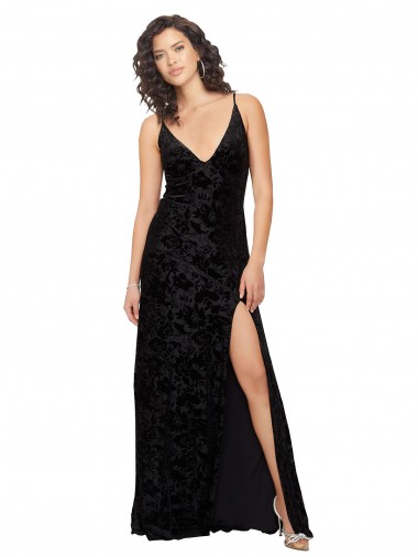 Preto Bainha Decote V Veludo Floral & Veludo Elástico Longo Vestidos de Madrinha
