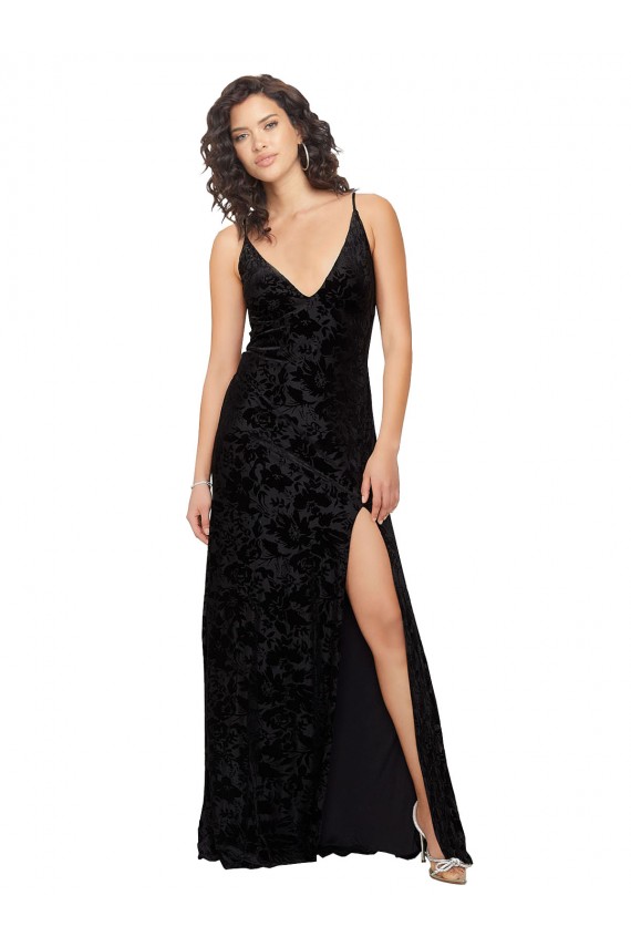 Preto Bainha Decote V Veludo Floral & Veludo Elástico Longo Vestidos de Madrinha