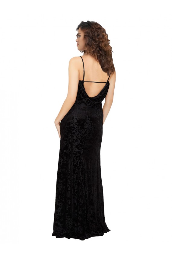 Preto Bainha Decote V Veludo Floral & Veludo Elástico Longo Vestidos de Madrinha