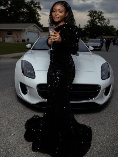 Preto Bainha Um Ombro Comboio Varredela Lantejoulas Veludo Longo Lantejoulas Veludo Vestidos de Festa