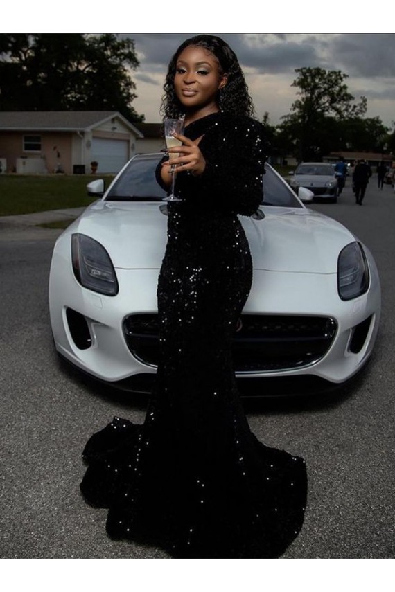 Preto Bainha Um Ombro Comboio Varredela Lantejoulas Veludo Longo Lantejoulas Veludo Vestidos de Festa Acessíveis