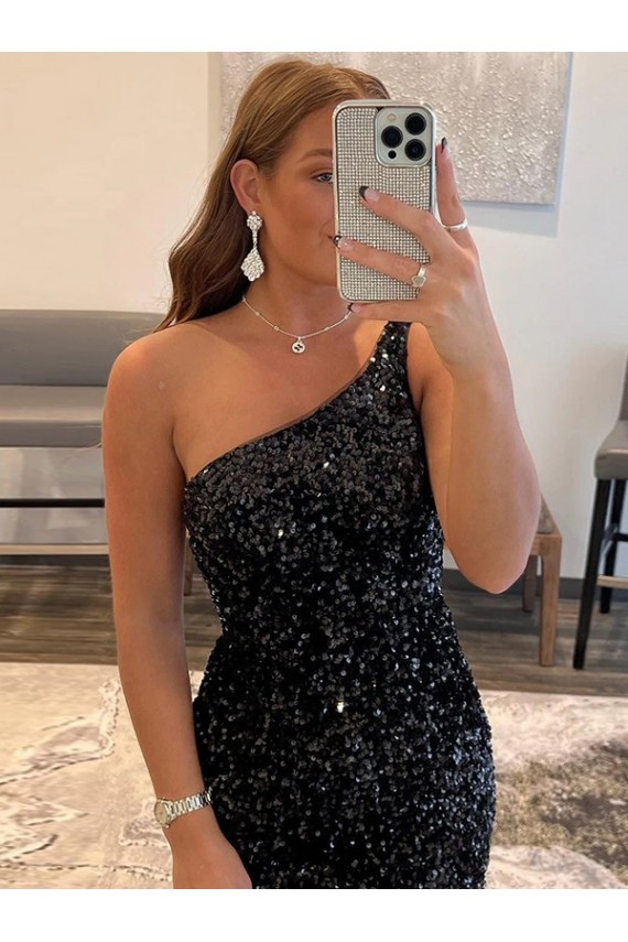 Preto Bainha Um Ombro Curto Lantejoulas Veludo Curto Lantejoulas Veludo Vestidos de Festa