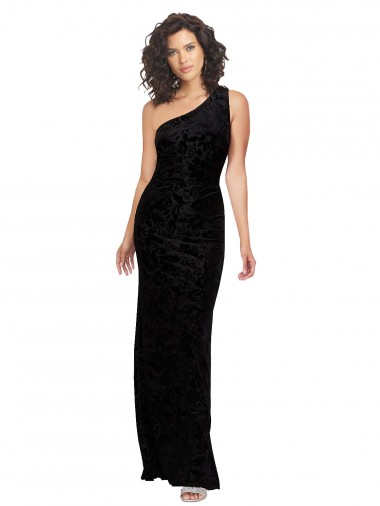 Preto Bainha Um Ombro Veludo Floral & Veludo Elástico Longo Vestidos de Madrinha