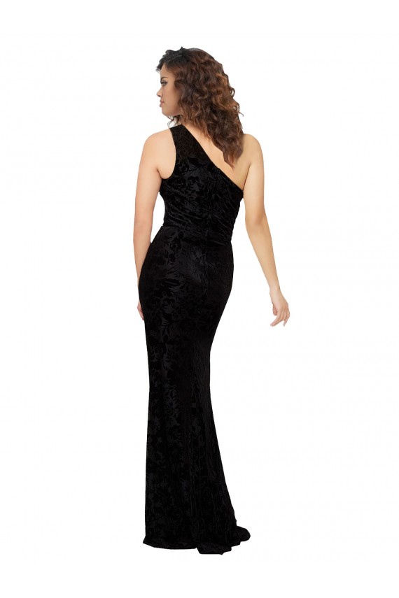 Preto Bainha Um Ombro Veludo Floral & Veludo Elástico Longo Vestidos de Madrinha