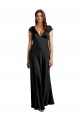 Preto Cetim Elástico Linha A Buraco da fechadura Decote V Longo Formais Vestidos de Madrinha / Vestidos de Noite / Vestidos de Festa