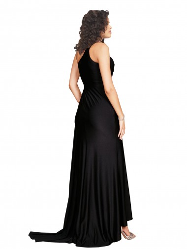 Preto Cetim Sedoso Linha A Sem Mangas Um Ombro Longo Formais Vestidos de Madrinha / Vestidos de Noite / Vestidos de Festa
