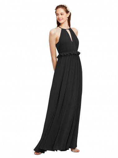 Preto Chiffon Bainha Buraco da fechadura Cabeçada Longo Vestidos de Madrinha