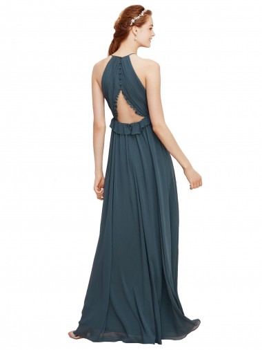 Preto Chiffon Bainha Buraco da fechadura Cabeçada Longo Vestidos de Madrinha