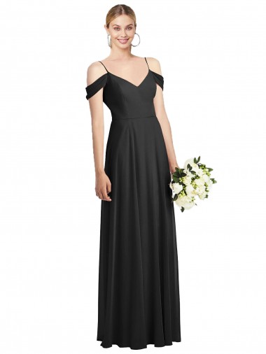Preto Chiffon Linha A Alças finas Longo Vestidos de Madrinha