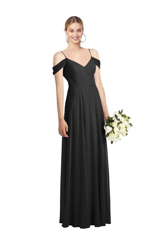 Preto Chiffon Linha A Alças finas Longo Vestidos de Madrinha