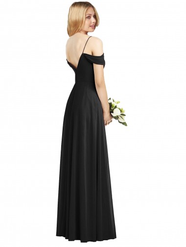 Preto Chiffon Linha A Alças finas Longo Vestidos de Madrinha