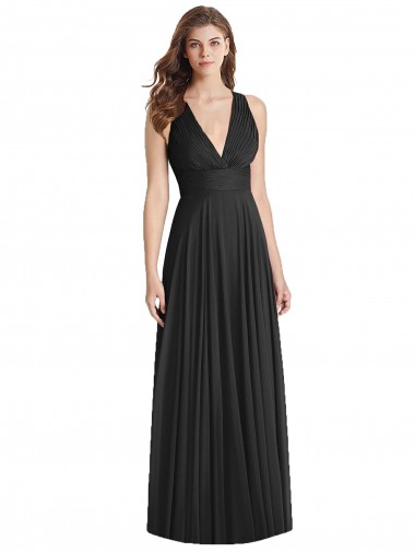 Preto Chiffon Linha A Criss Cruz Decote V Longo Vestidos de Madrinha