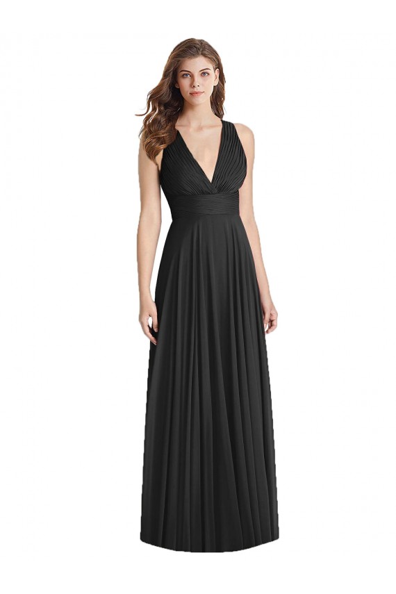 Preto Chiffon Linha A Criss Cruz Decote V Longo Vestidos de Madrinha Acessíveis