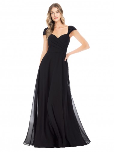 Preto Chiffon Linha A Mangas Curtas Amor Longo Vestidos de Madrinha