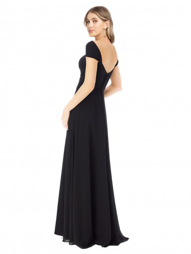 Preto Chiffon Linha A Mangas Curtas Amor Longo Vestidos de Madrinha