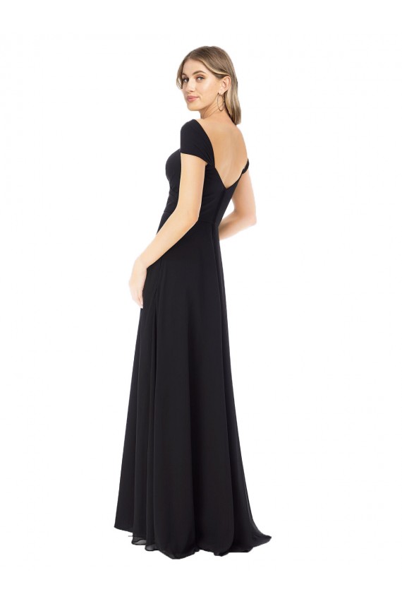 Preto Chiffon Linha A Mangas Curtas Amor Longo Vestidos de Madrinha Acessíveis