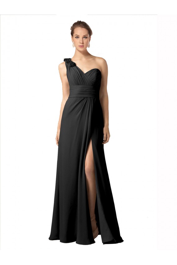 Preto Chiffon Linha A Sem Mangas Amor Longo Vestidos de Madrinha Acessíveis