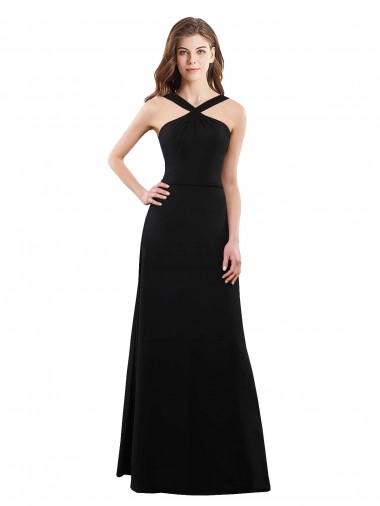 Preto Chiffon Linha A Sem Mangas Cabeçada Longo Vestidos de Madrinha