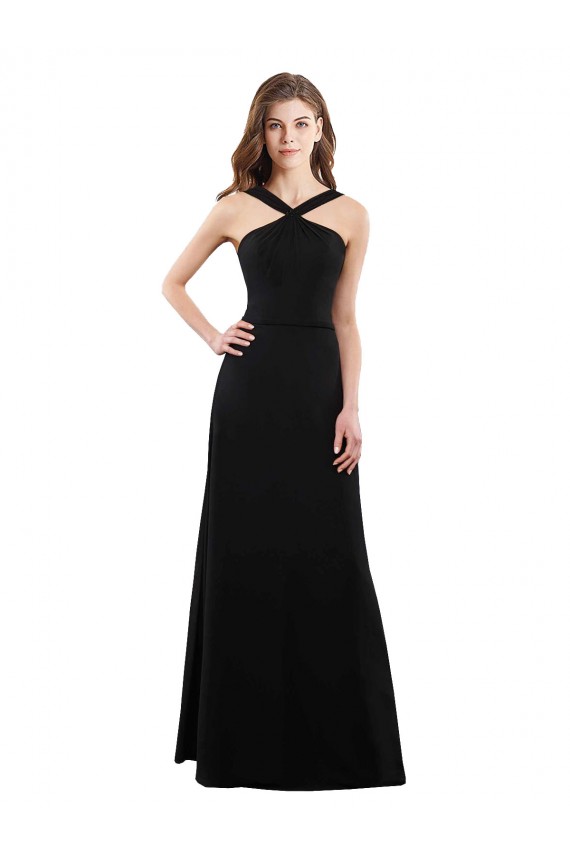 Preto Chiffon Linha A Sem Mangas Cabeçada Longo Vestidos de Madrinha Acessíveis