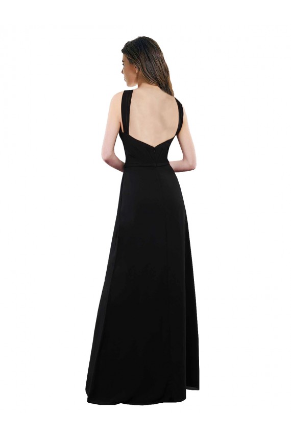 Preto Chiffon Linha A Sem Mangas Cabeçada Longo Vestidos de Madrinha Acessíveis