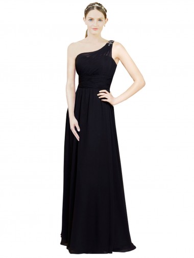 Preto Chiffon Linha A Sem Mangas Um Ombro Longo Vestidos de Madrinha